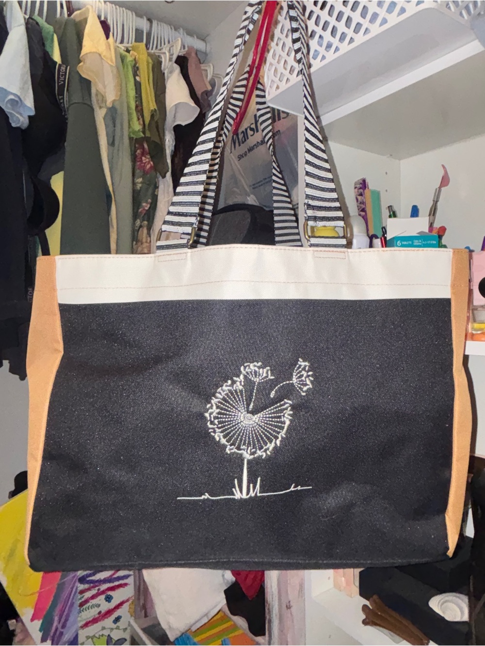 Canvas Tote Bag with Dandelion Embroidery - Black & Tan